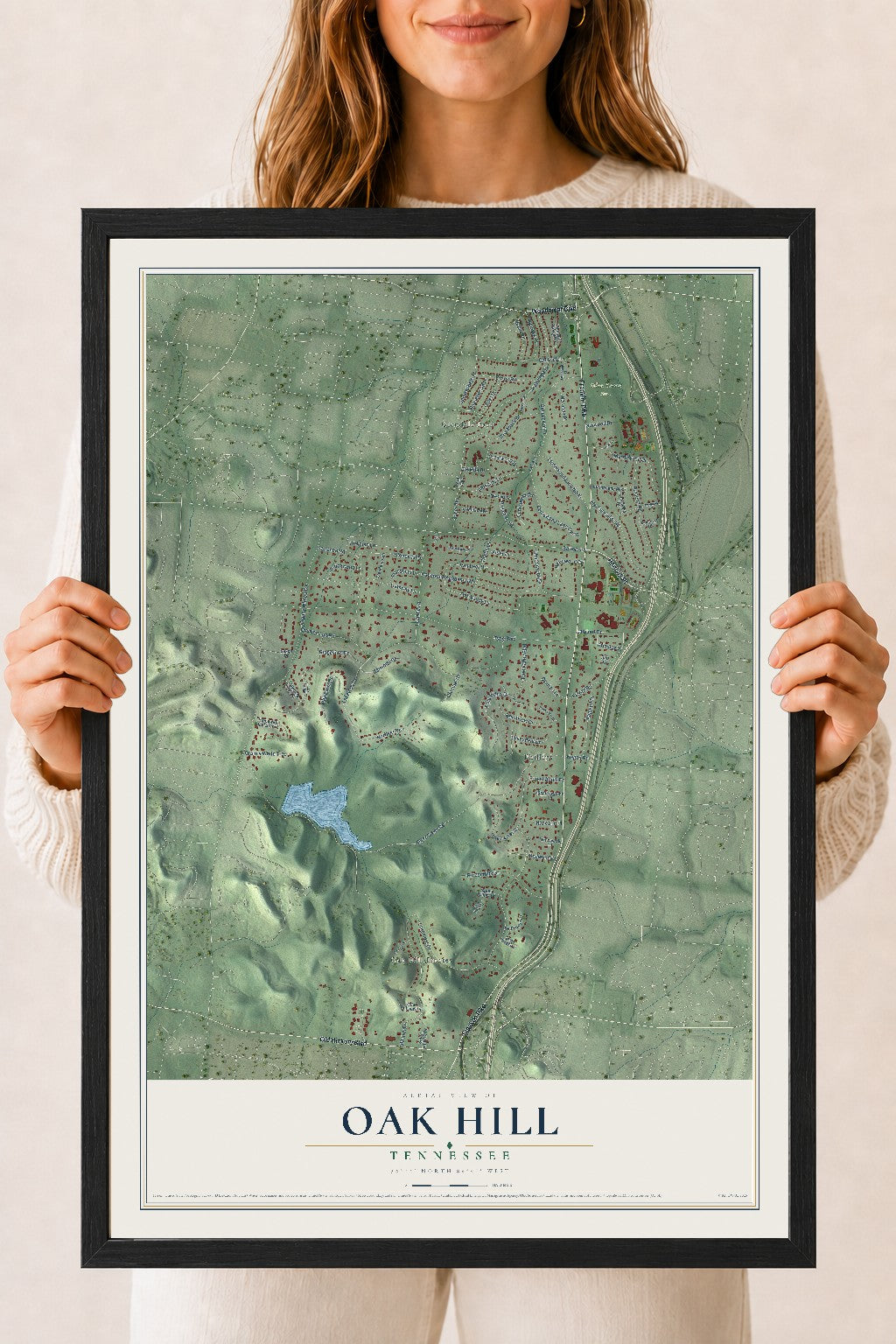 Map of Oak Hill, Tennessee, 18 x 24 inch print in a black wood frame