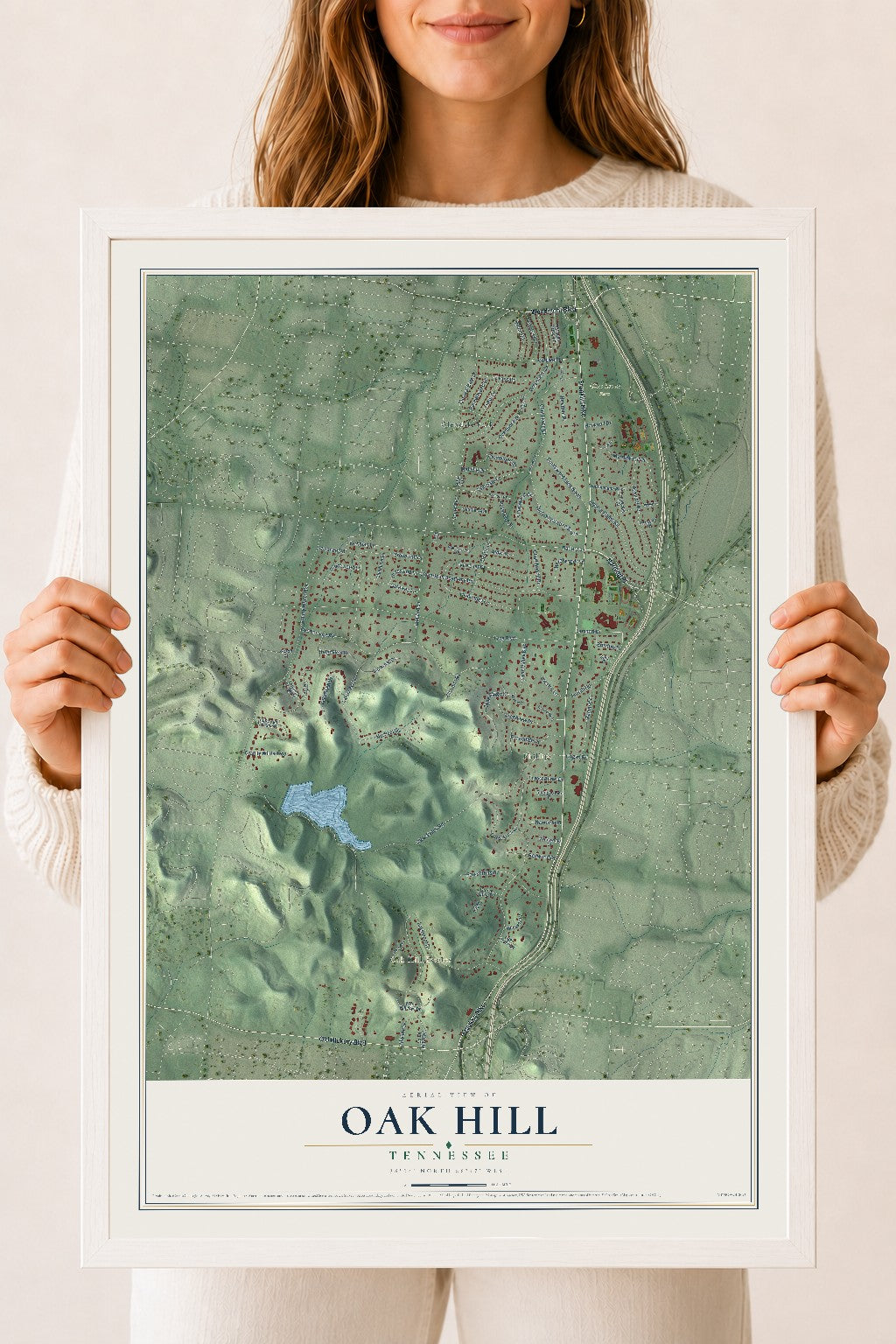 Map of Oak Hill, Tennessee, 18 x 24 inch print in a white wood frame