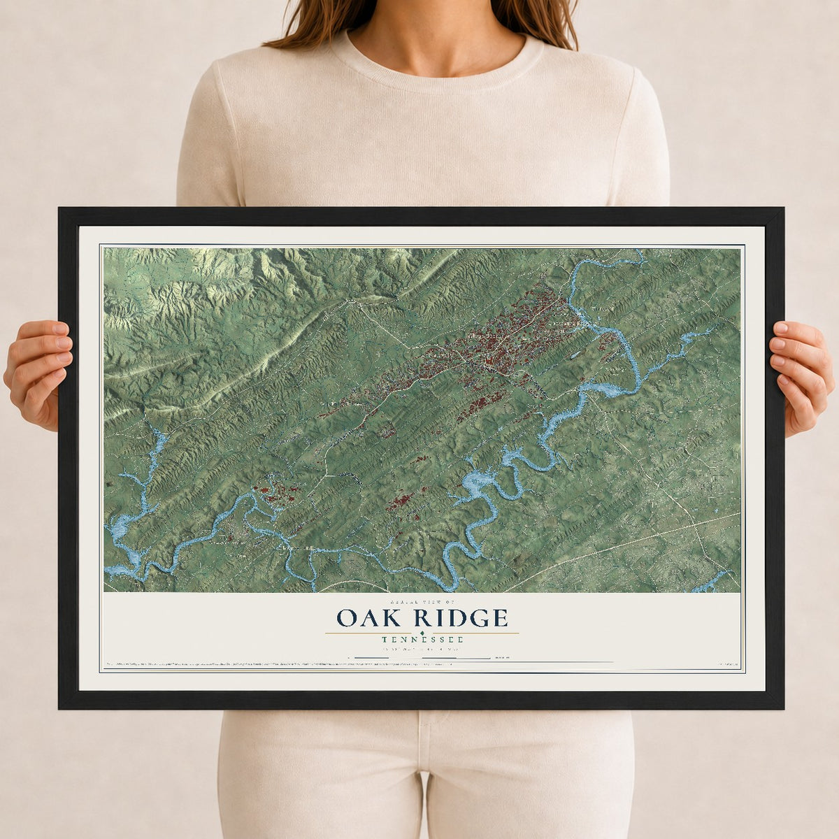 Map of Oak Ridge, Tennessee, 12 x 18 inch print in a black wood frame