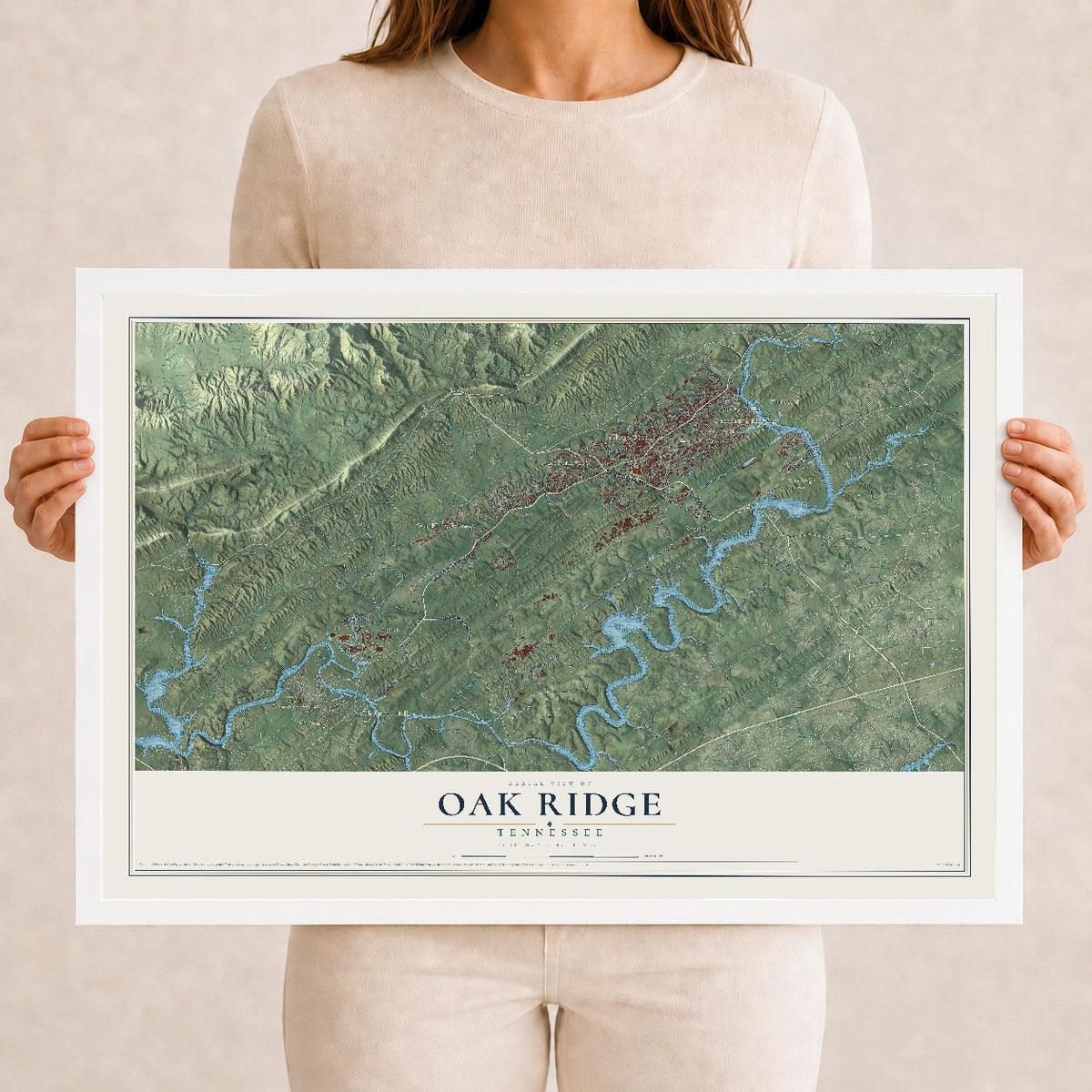 Map of Oak Ridge, Tennessee, 12 x 18 inch print in a white wood frame