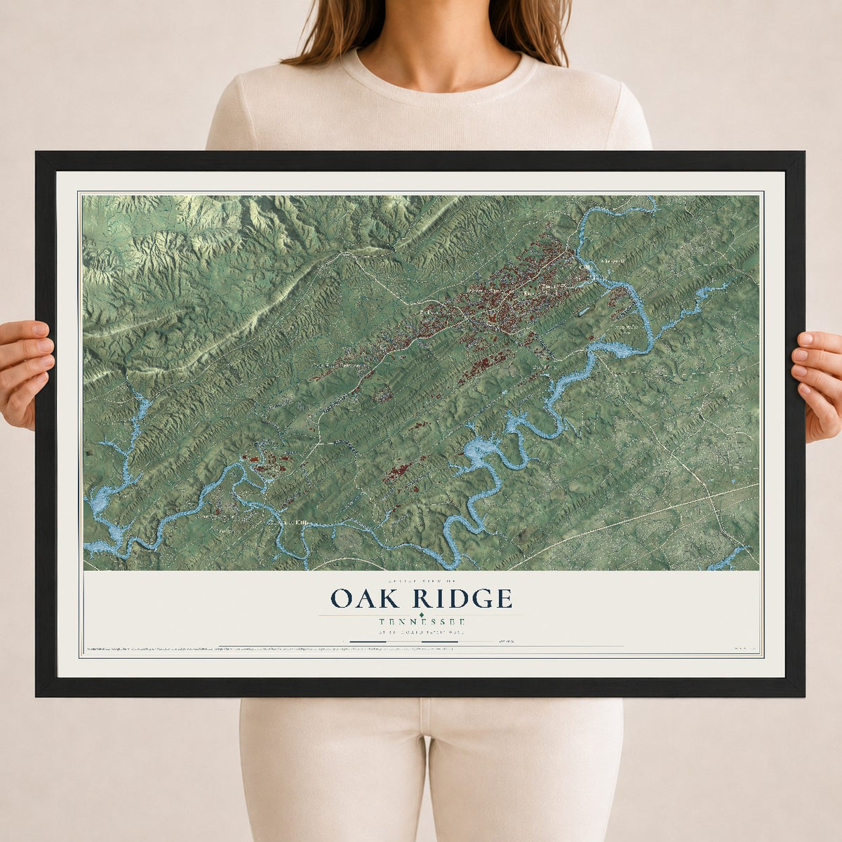 Map of Oak Ridge, Tennessee, 18 x 24 inch print in a black wood frame