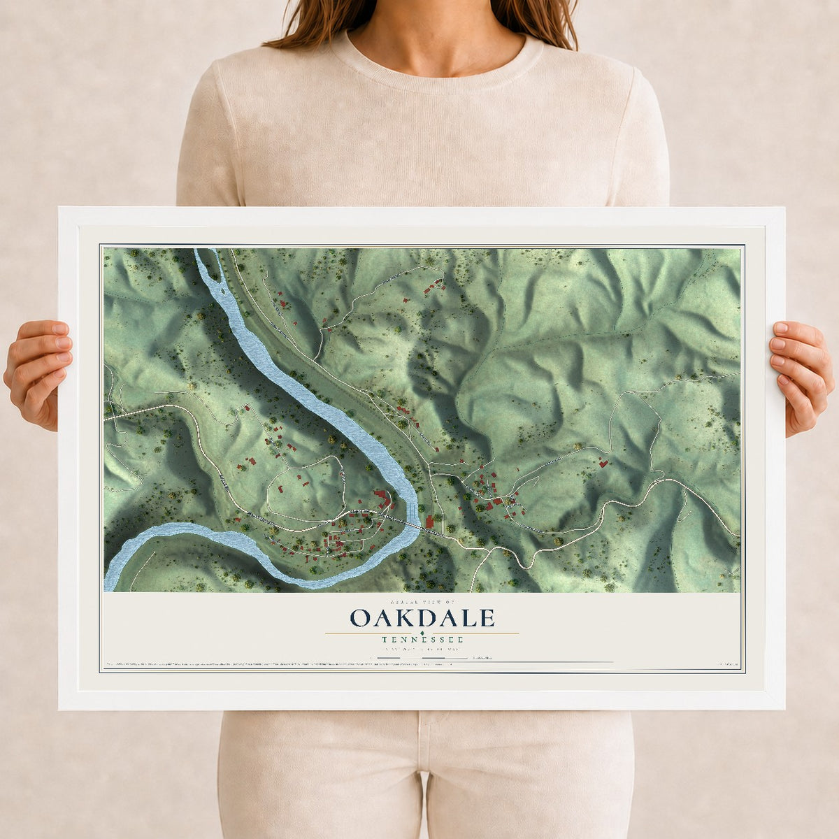 Map of Oakdale, Tennessee, 12 x 18 inch print in a white wood frame