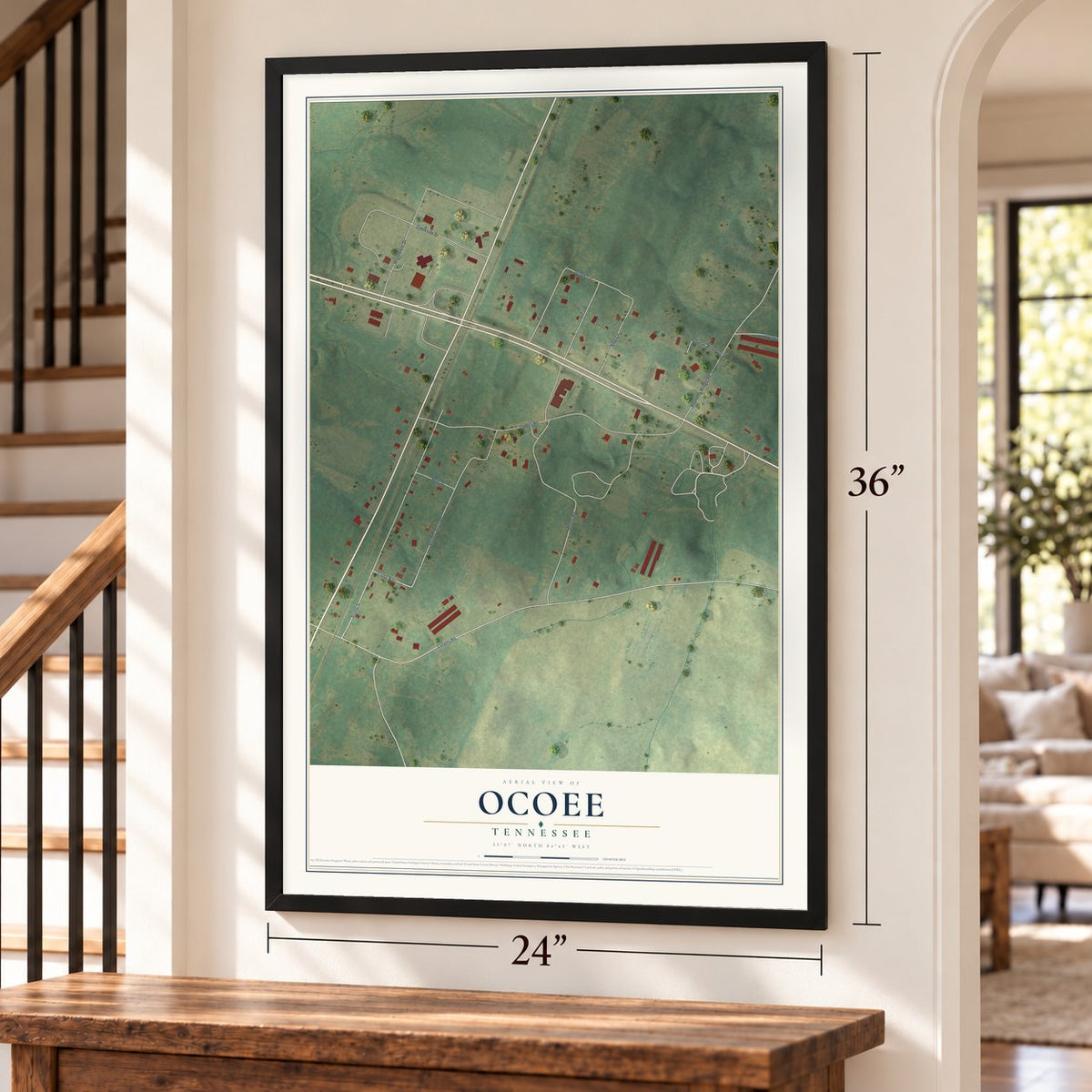 Ocoee, Tennessee map, 24 x 36 inch print in a black frame by a staircase