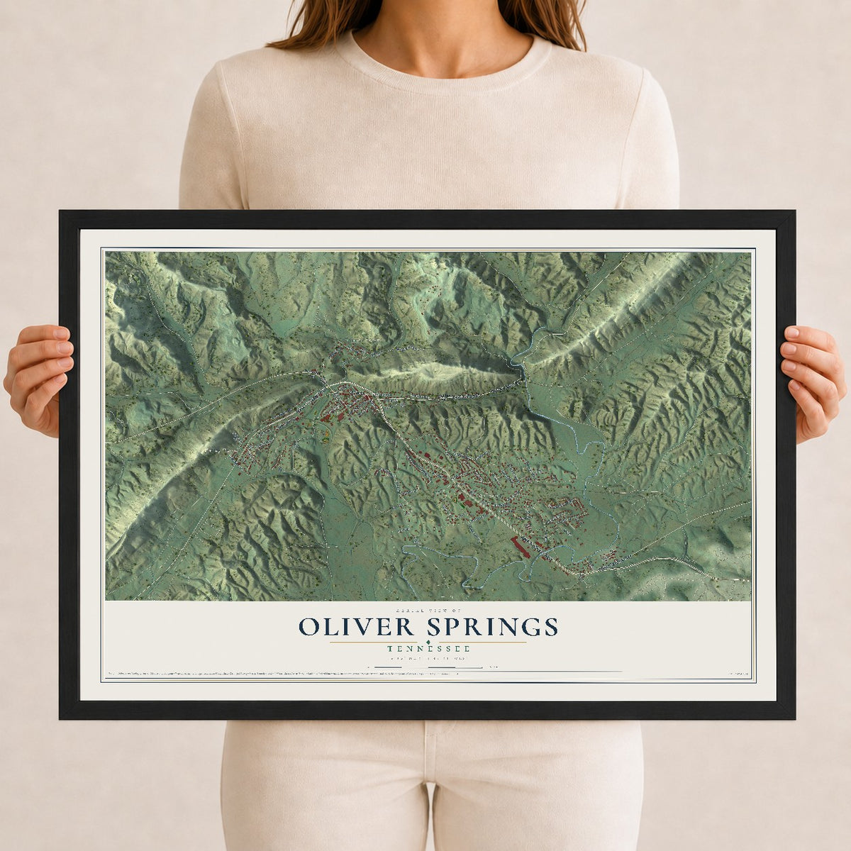 Map of Oliver Springs, Tennessee, 12 x 18 inch print in a black wood frame