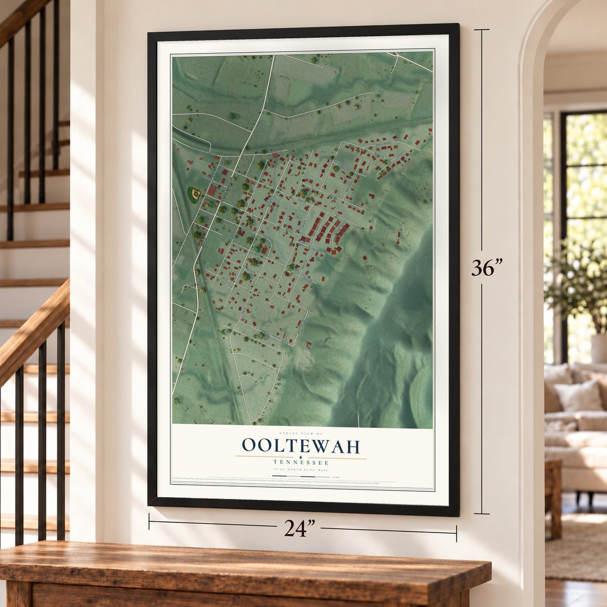 Ooltewah, Tennessee map, 24 x 36 inch print in a black frame by a staircase