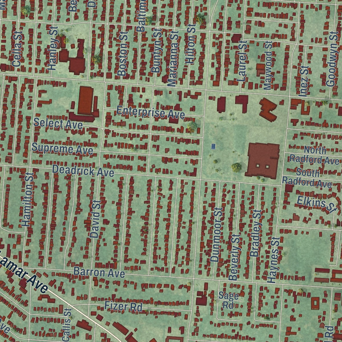 Close-up of the map of Orange Mound, Tennessee print showing street and building detail