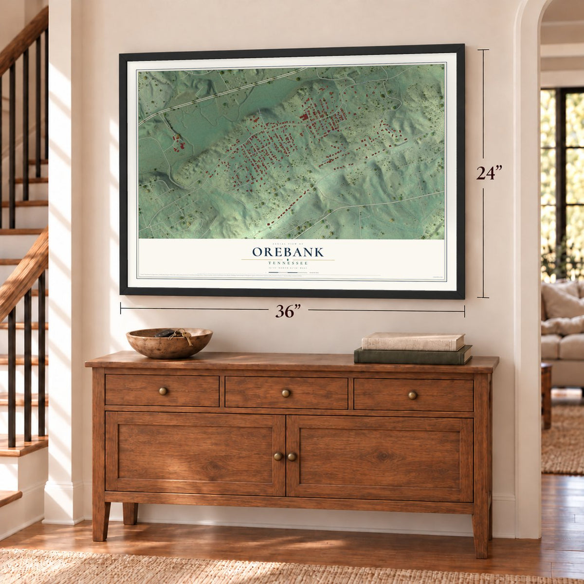 Orebank, Tennessee map, 24 x 36 inch print in a black frame above a dresser by a staircase