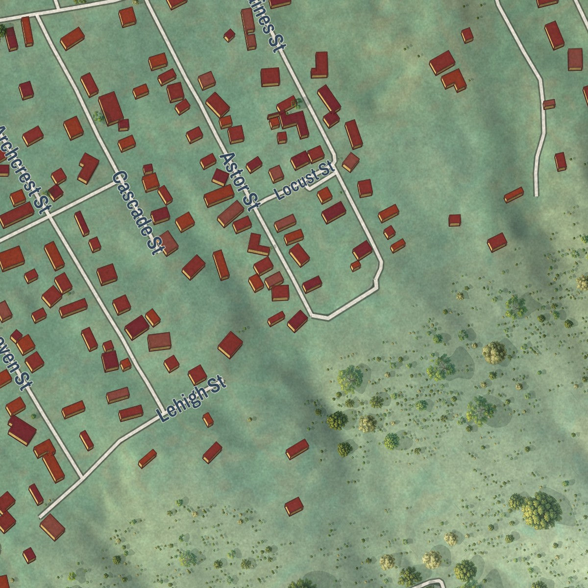 Close-up of the map of Orebank, Tennessee print showing street and building detail