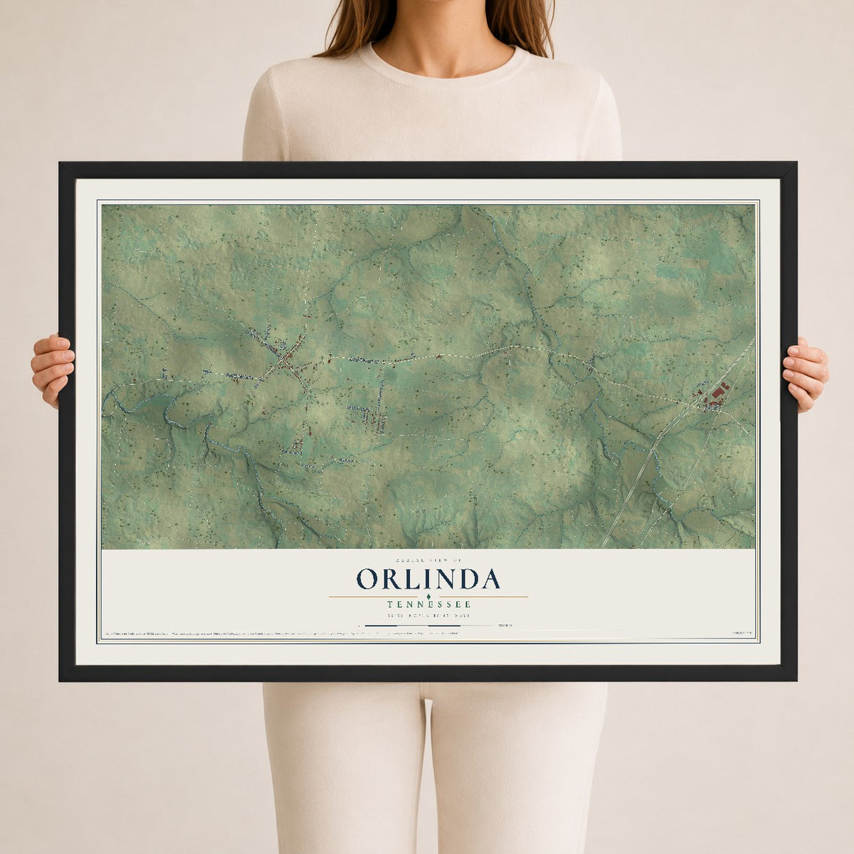Map of Orlinda, Tennessee, 24 x 36 inch print in a black wood frame