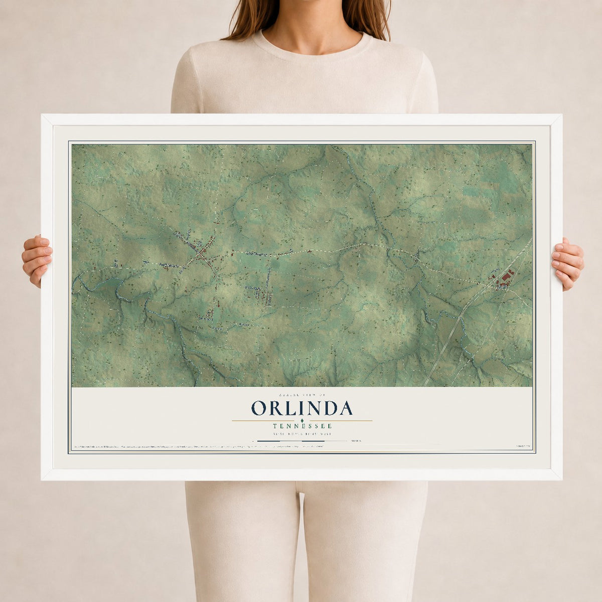 Map of Orlinda, Tennessee, 24 x 36 inch print in a white wood frame