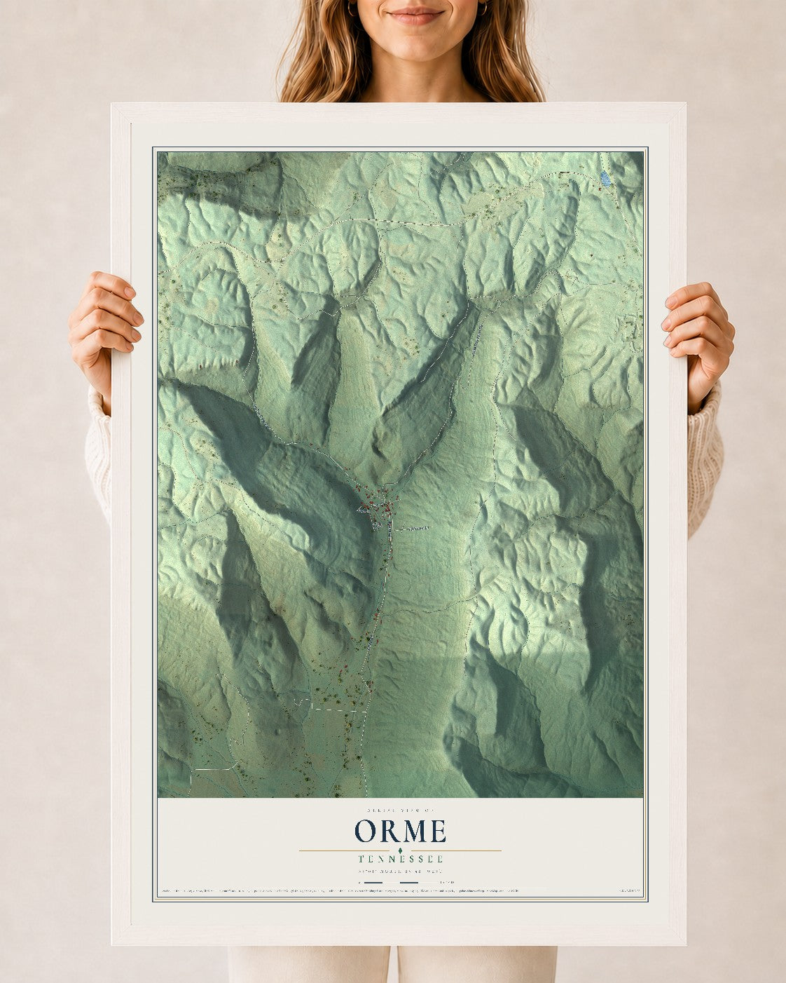 Map of Orme, Tennessee, 24 x 36 inch print in a white wood frame