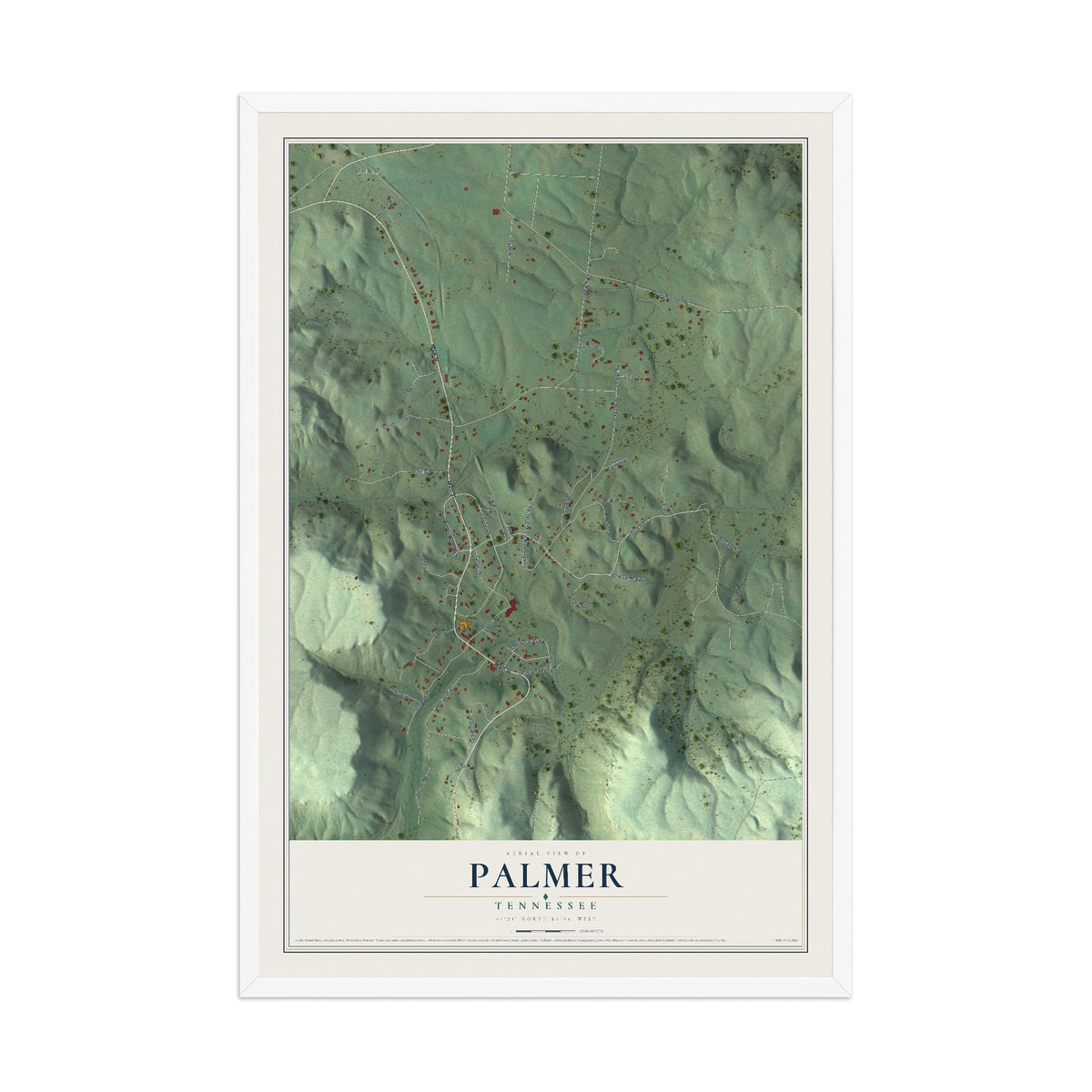 Map of Palmer, Tennessee, 12 x 18 inch print in a white wood frame