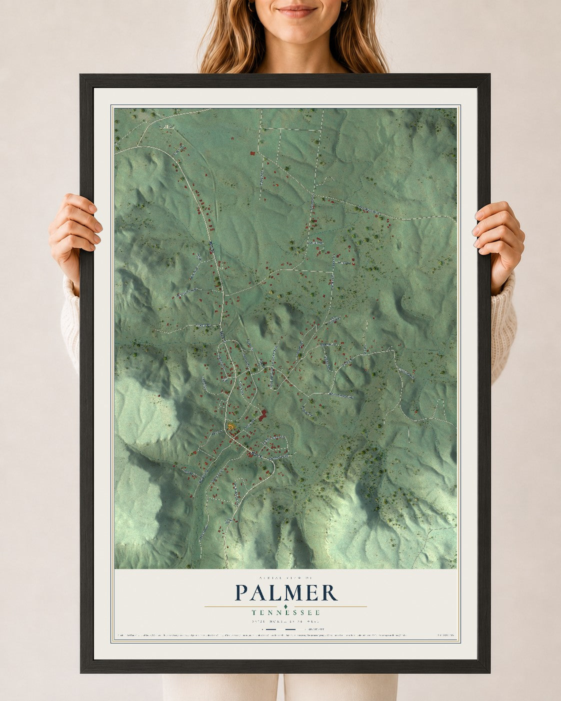 Map of Palmer, Tennessee, 24 x 36 inch print in a black wood frame