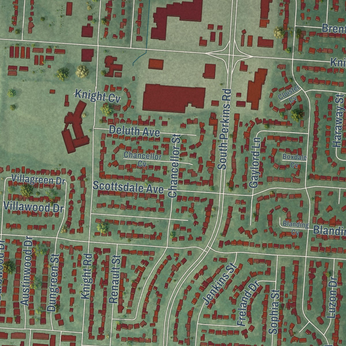 Close-up of the map of Parkway Village, Tennessee print showing street and building detail