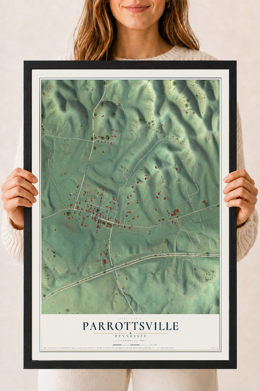 Map of Parrottsville, Tennessee, 18 x 24 inch print in a black wood frame