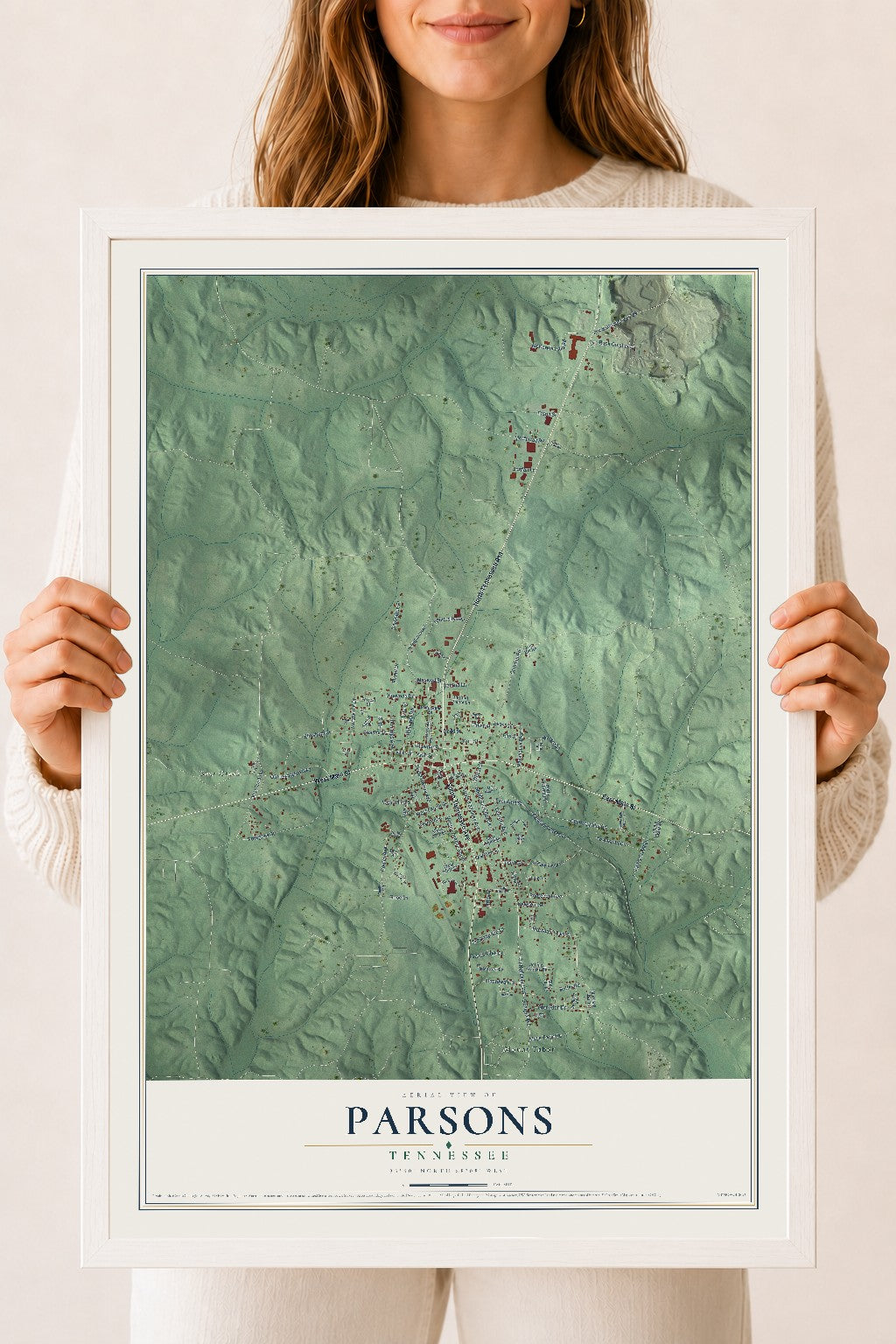Map of Parsons, Tennessee, 18 x 24 inch print in a white wood frame