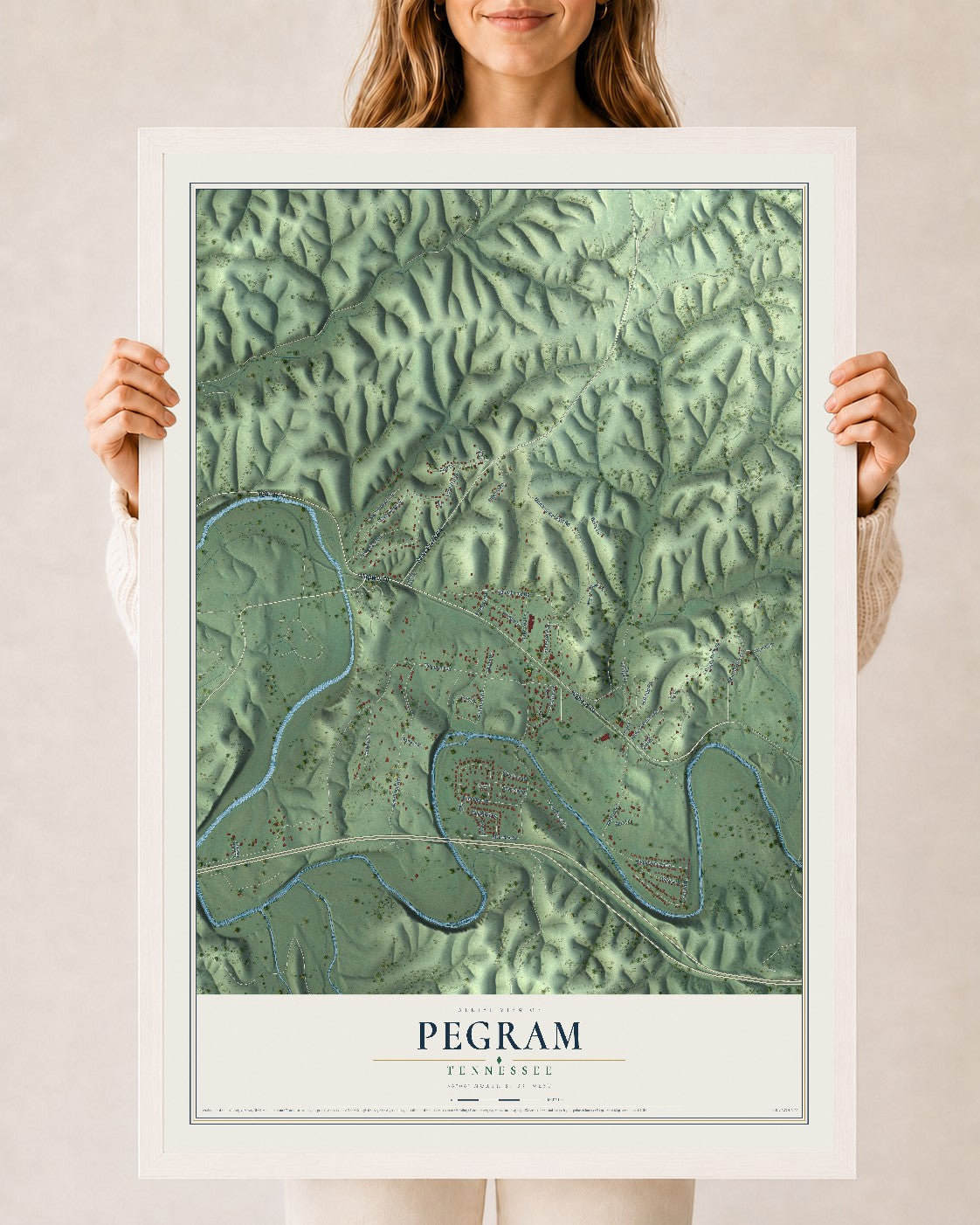 Map of Pegram, Tennessee, 24 x 36 inch print in a white wood frame