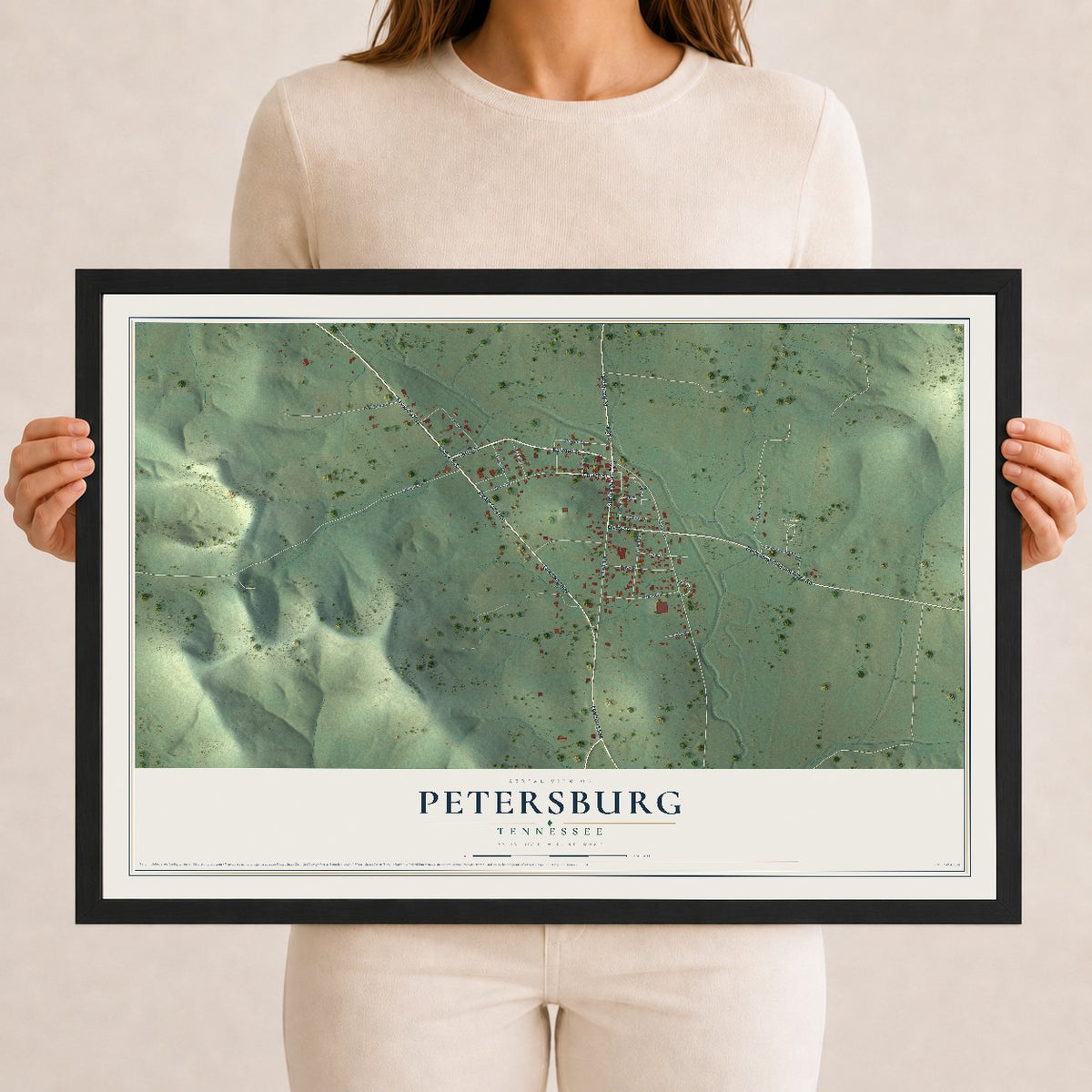 Map of Petersburg, Tennessee, 12 x 18 inch print in a black wood frame