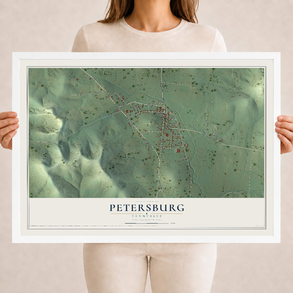 Map of Petersburg, Tennessee, 18 x 24 inch print in a white wood frame