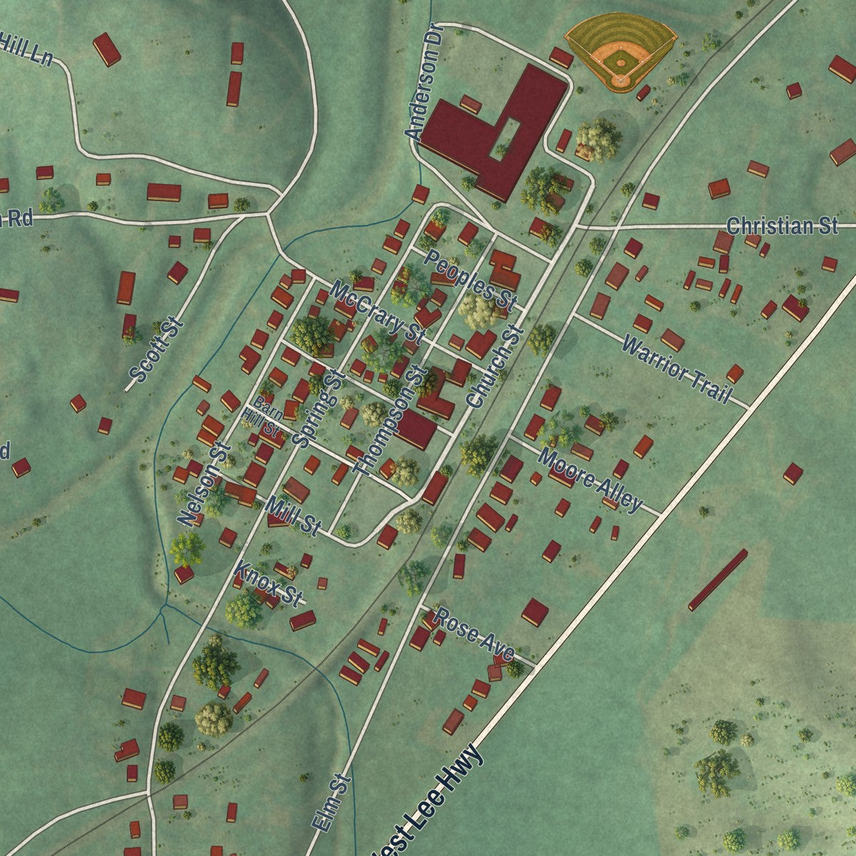 Close-up of the map of Philadelphia, Tennessee print showing street and building detail