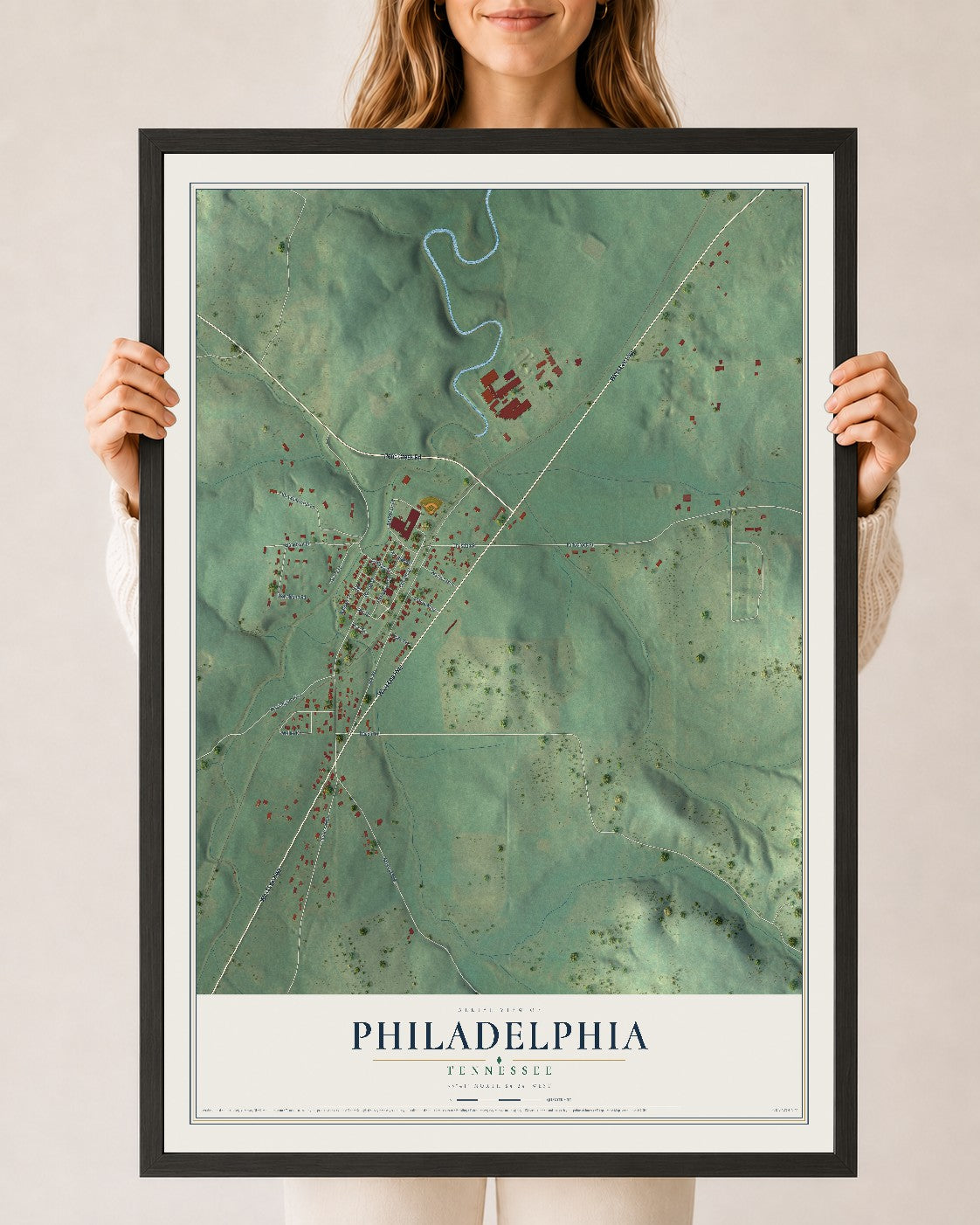 Map of Philadelphia, Tennessee, 24 x 36 inch print in a black wood frame