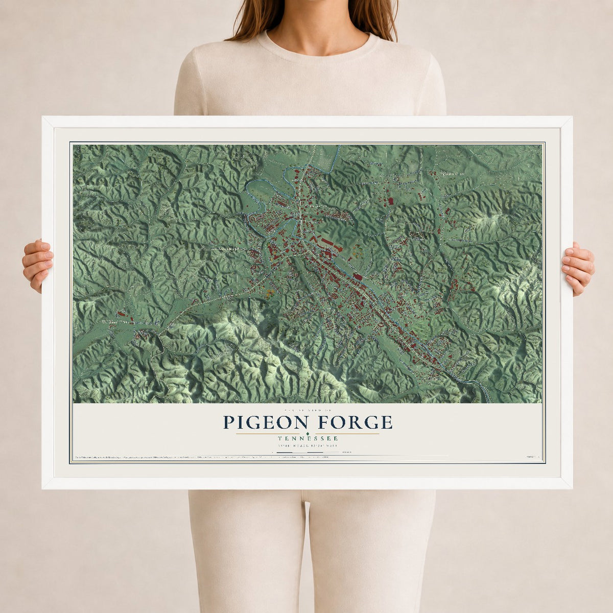 Map of Pigeon Forge, Tennessee, 24 x 36 inch print in a white wood frame