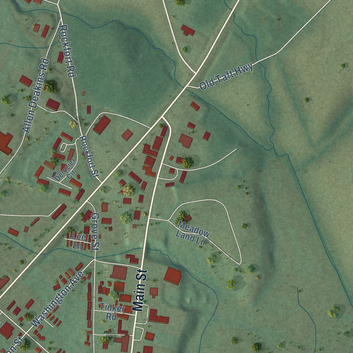 Second close-up of the map of Pikeville, Tennessee print showing more streets and buildings