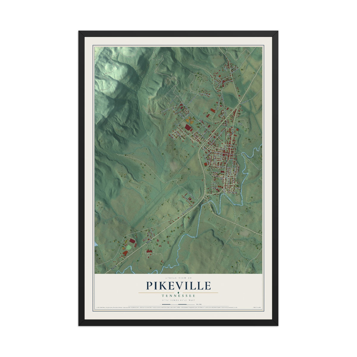 Map of Pikeville, Tennessee, 12 x 18 inch print in a black wood frame