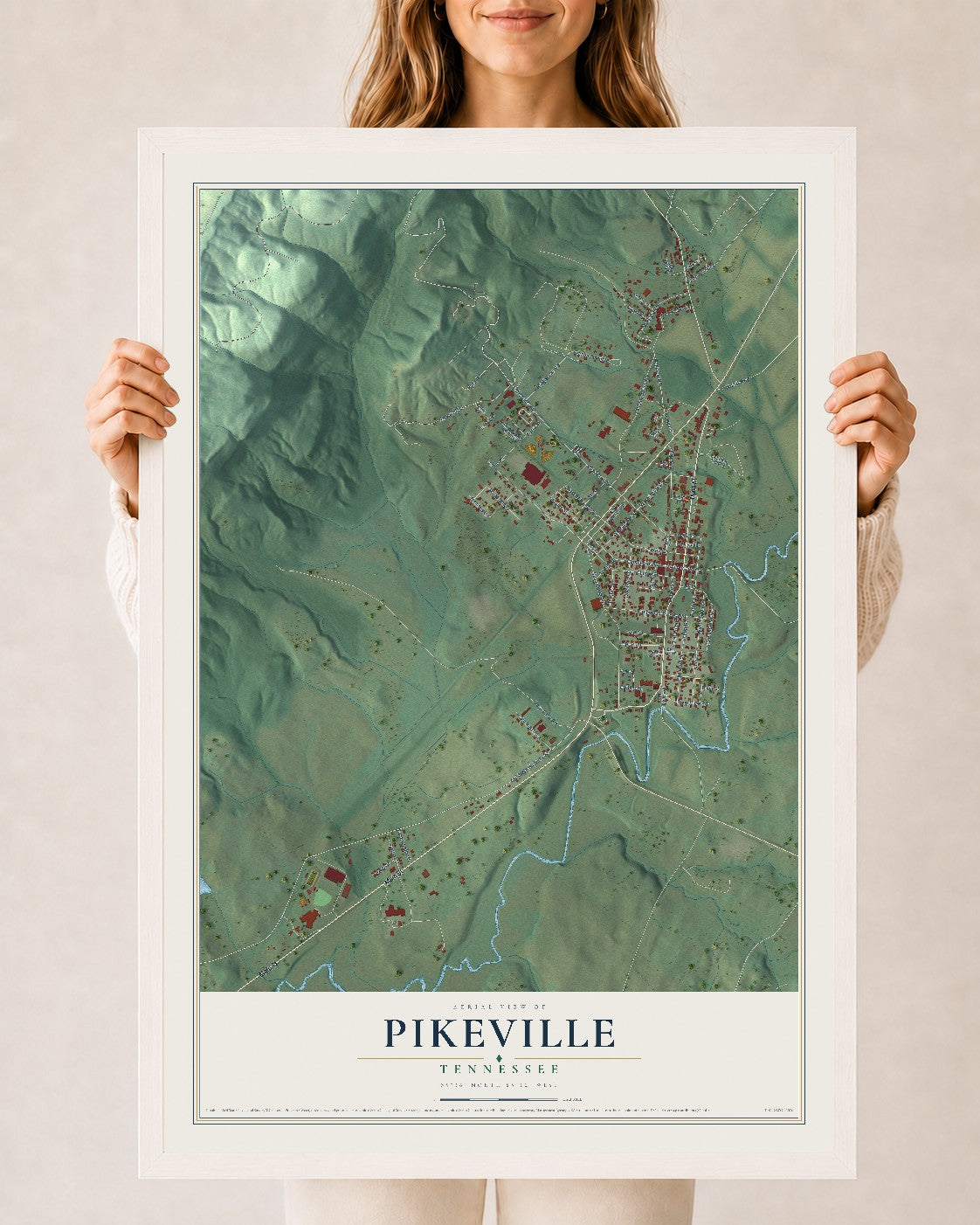 Map of Pikeville, Tennessee, 24 x 36 inch print in a white wood frame