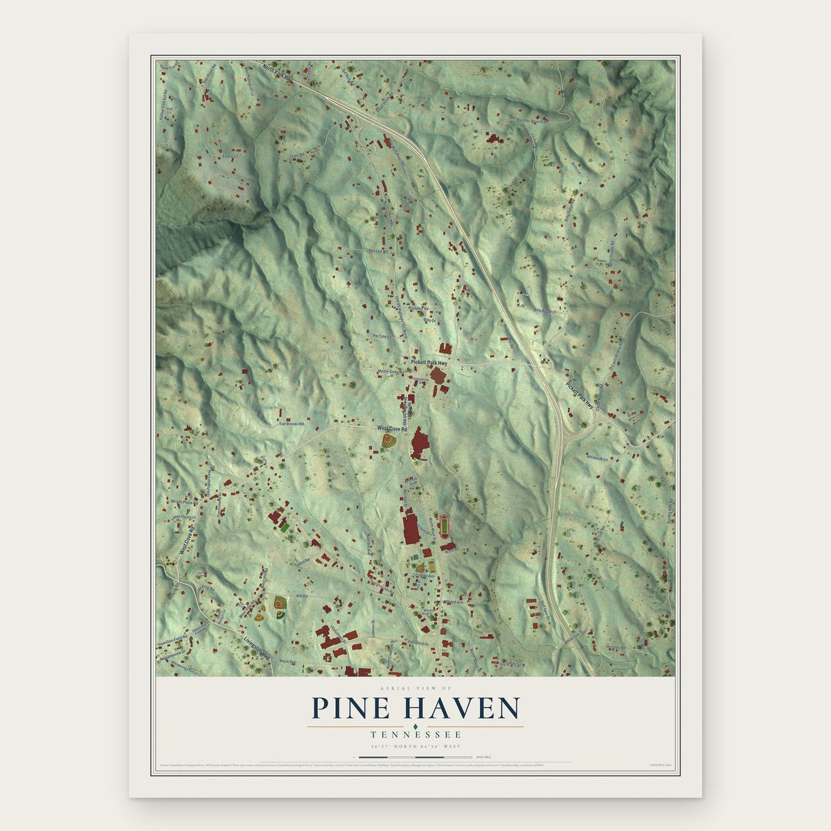 Pine Haven, Tennessee map print, the full design