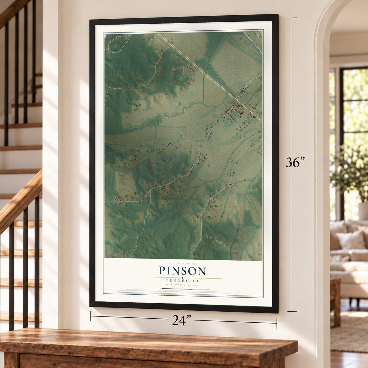 Pinson, Tennessee map, 24 x 36 inch print in a black frame by a staircase