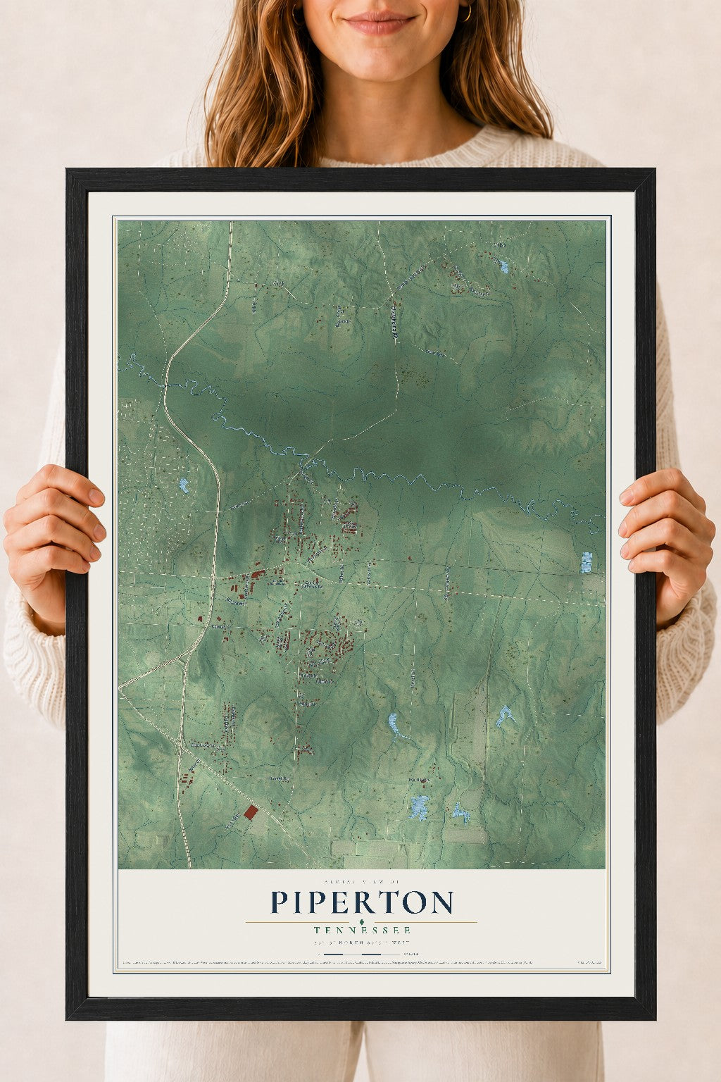 Map of Piperton, Tennessee, 18 x 24 inch print in a black wood frame