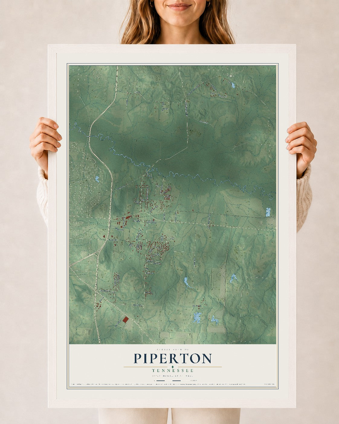 Map of Piperton, Tennessee, 24 x 36 inch print in a white wood frame
