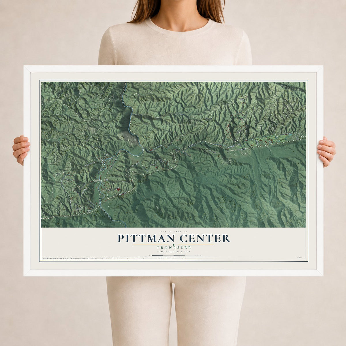 Map of Pittman Center, Tennessee, 24 x 36 inch print in a white wood frame