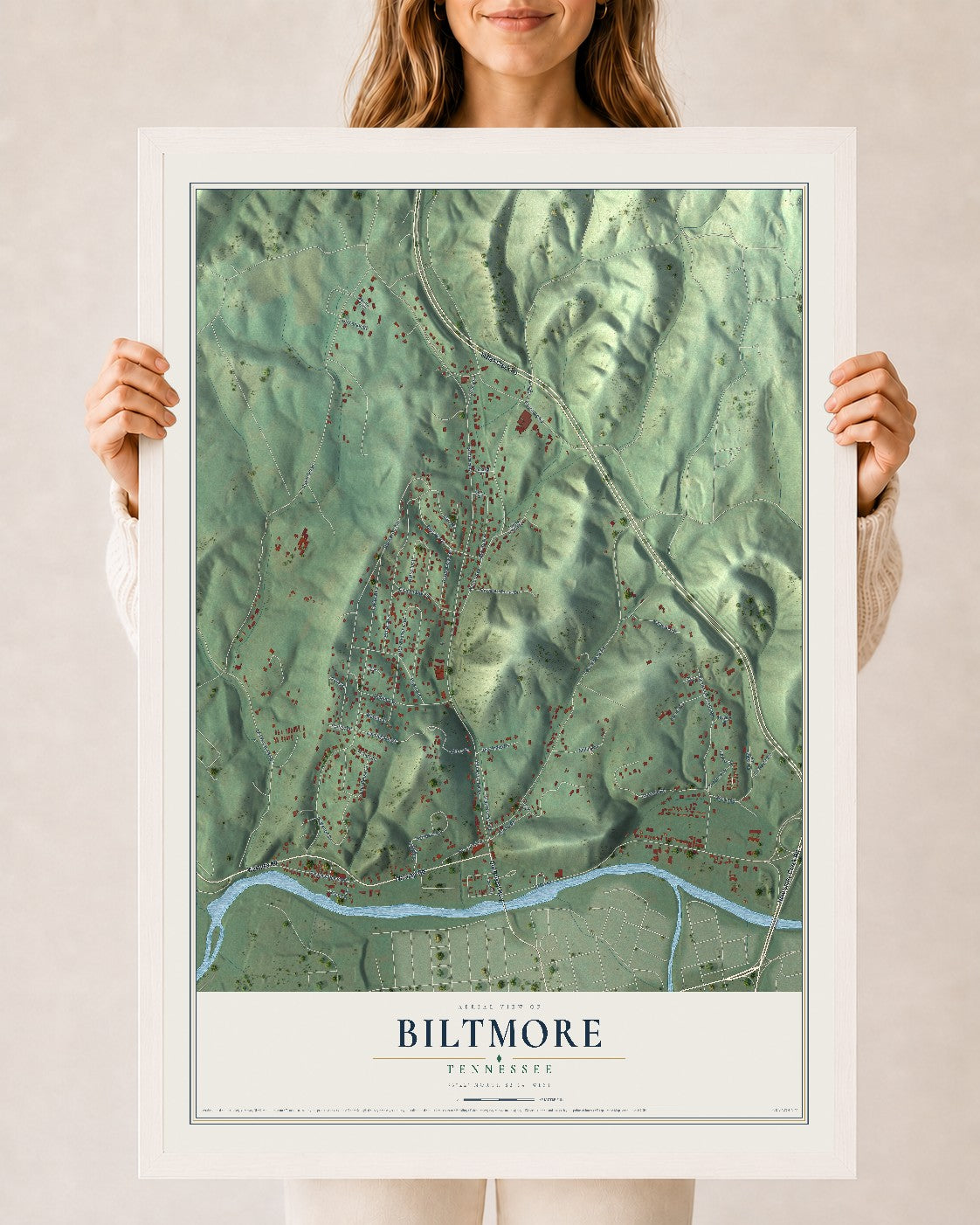 Map of Biltmore, Tennessee, 24 x 36 inch print in a white wood frame