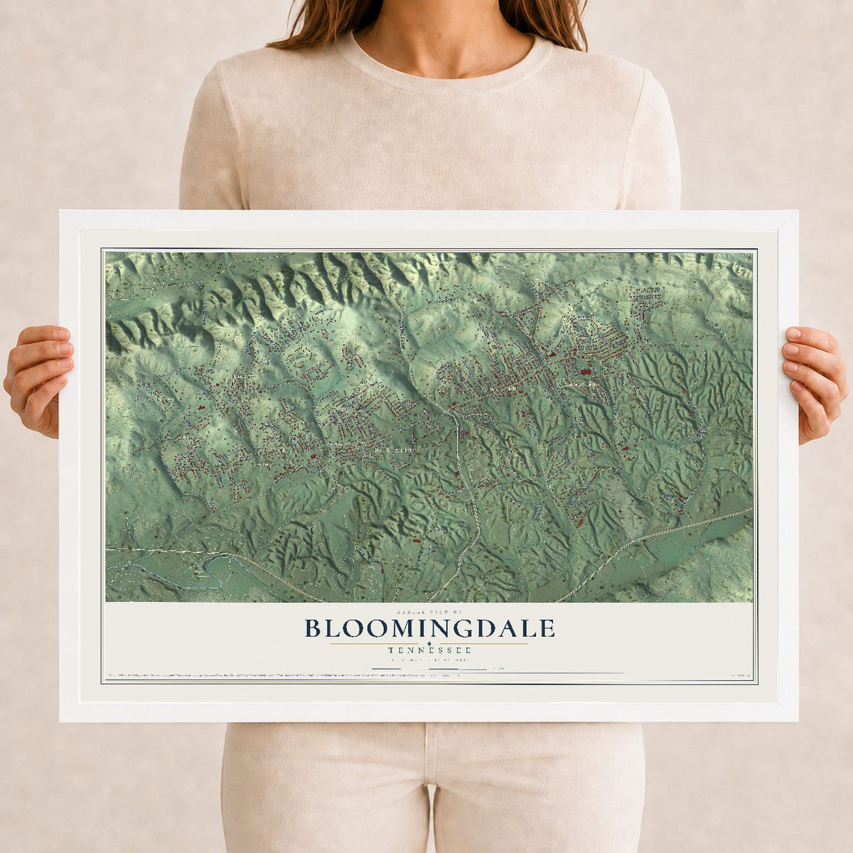 Map of Bloomingdale, Tennessee, 12 x 18 inch print in a white wood frame