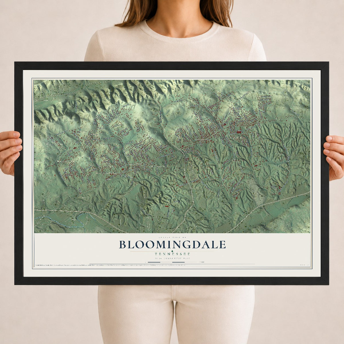 Map of Bloomingdale, Tennessee, 18 x 24 inch print in a black wood frame