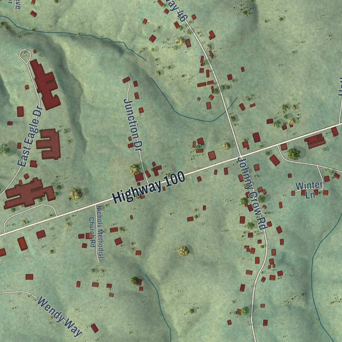 Second close-up of the map of Bon Aqua Junction, Tennessee print showing more streets and buildings