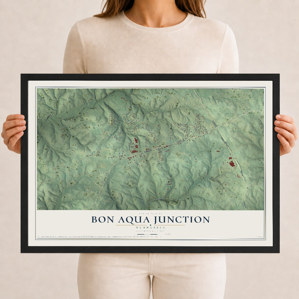 Map of Bon Aqua Junction, Tennessee, 12 x 18 inch print in a black wood frame