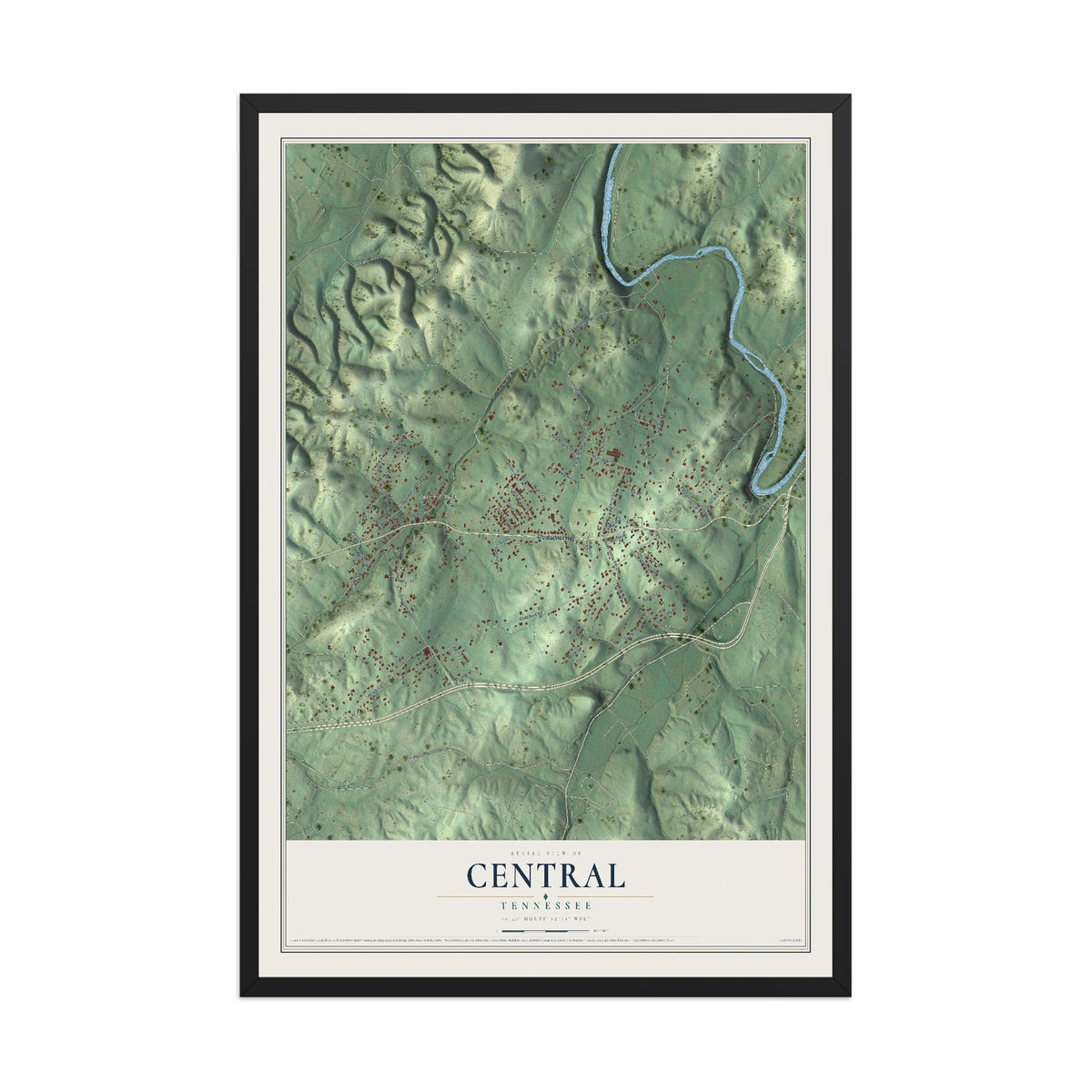 Map of Central, Tennessee, 12 x 18 inch print in a black wood frame