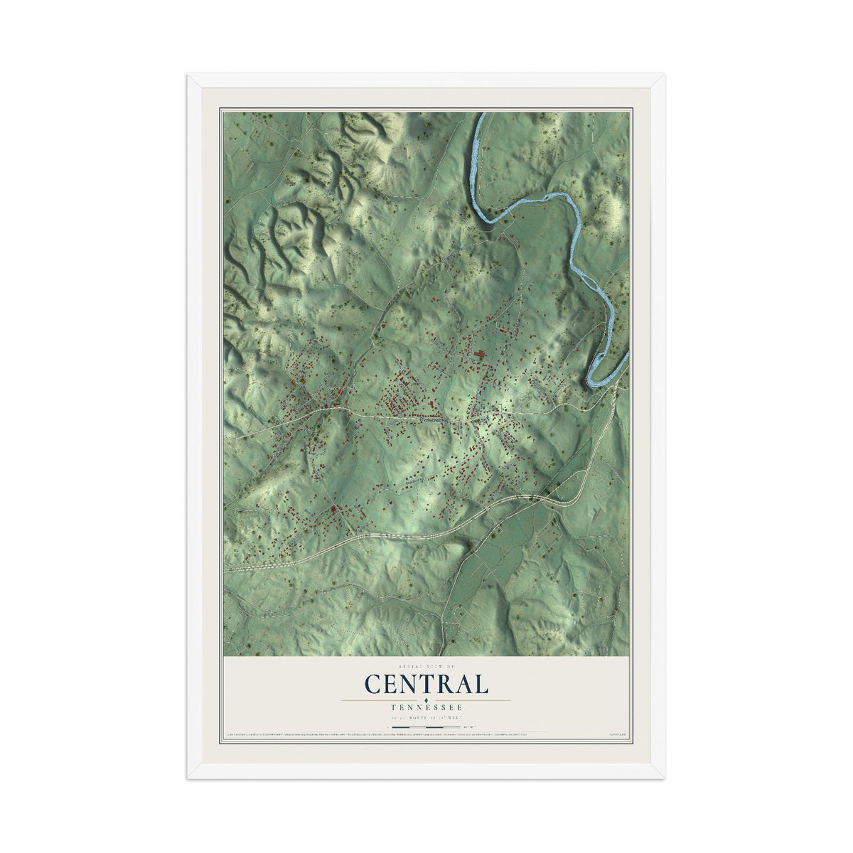 Map of Central, Tennessee, 12 x 18 inch print in a white wood frame