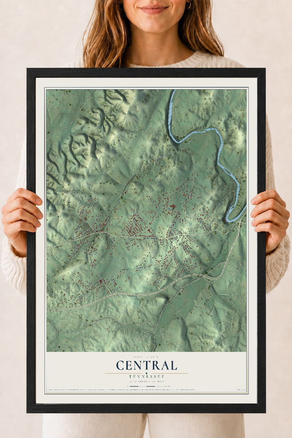 Map of Central, Tennessee, 18 x 24 inch print in a black wood frame