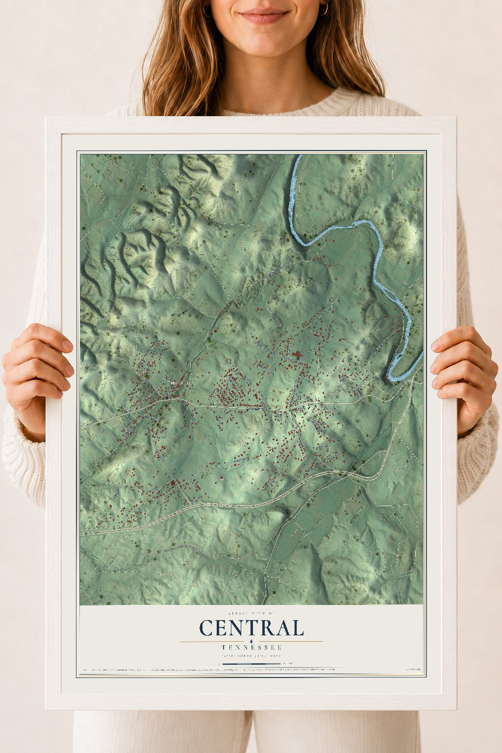 Map of Central, Tennessee, 18 x 24 inch print in a white wood frame