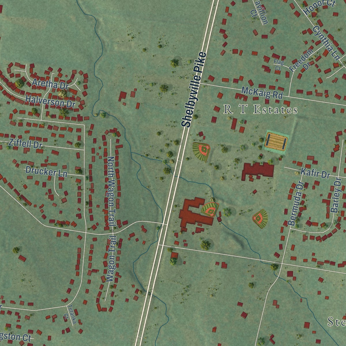 Close-up of the map of Christiana, Tennessee print showing street and building detail
