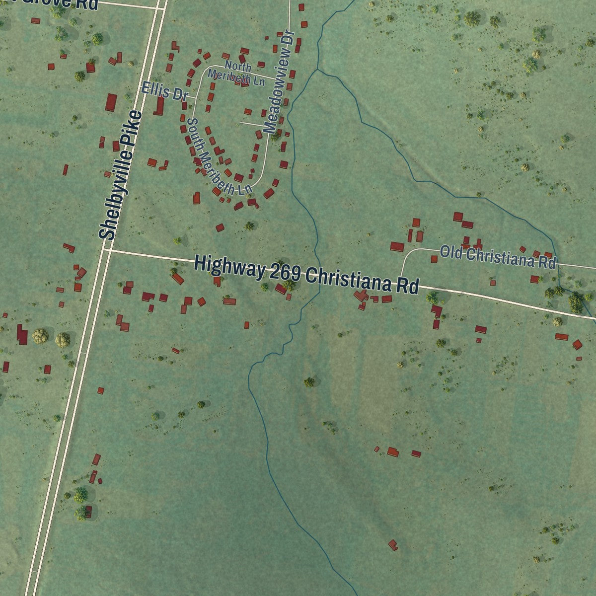 Second close-up of the map of Christiana, Tennessee print showing more streets and buildings