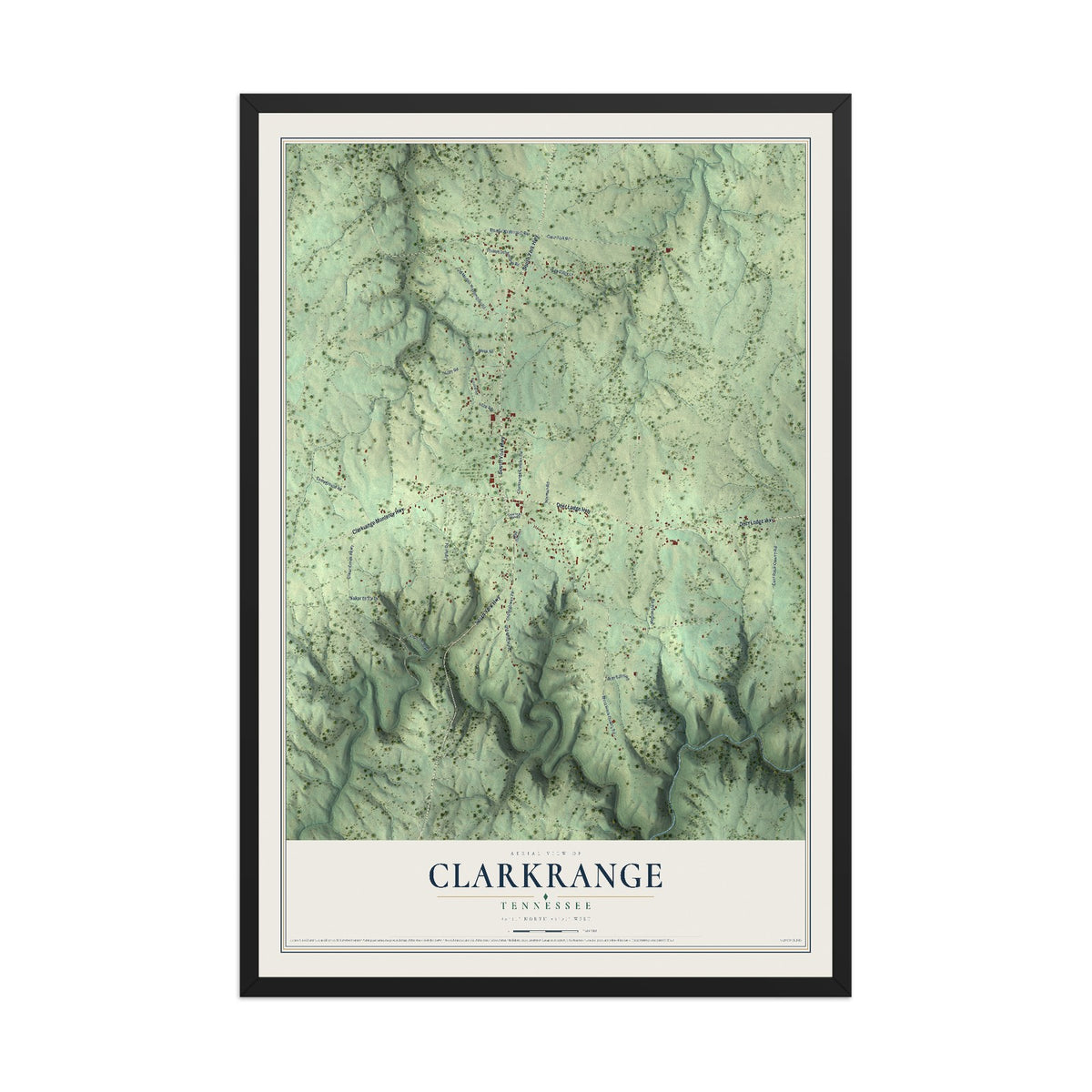 Map of Clarkrange, Tennessee, 12 x 18 inch print in a black wood frame