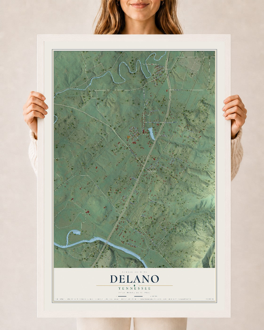 Map of Delano, Tennessee, 24 x 36 inch print in a white wood frame