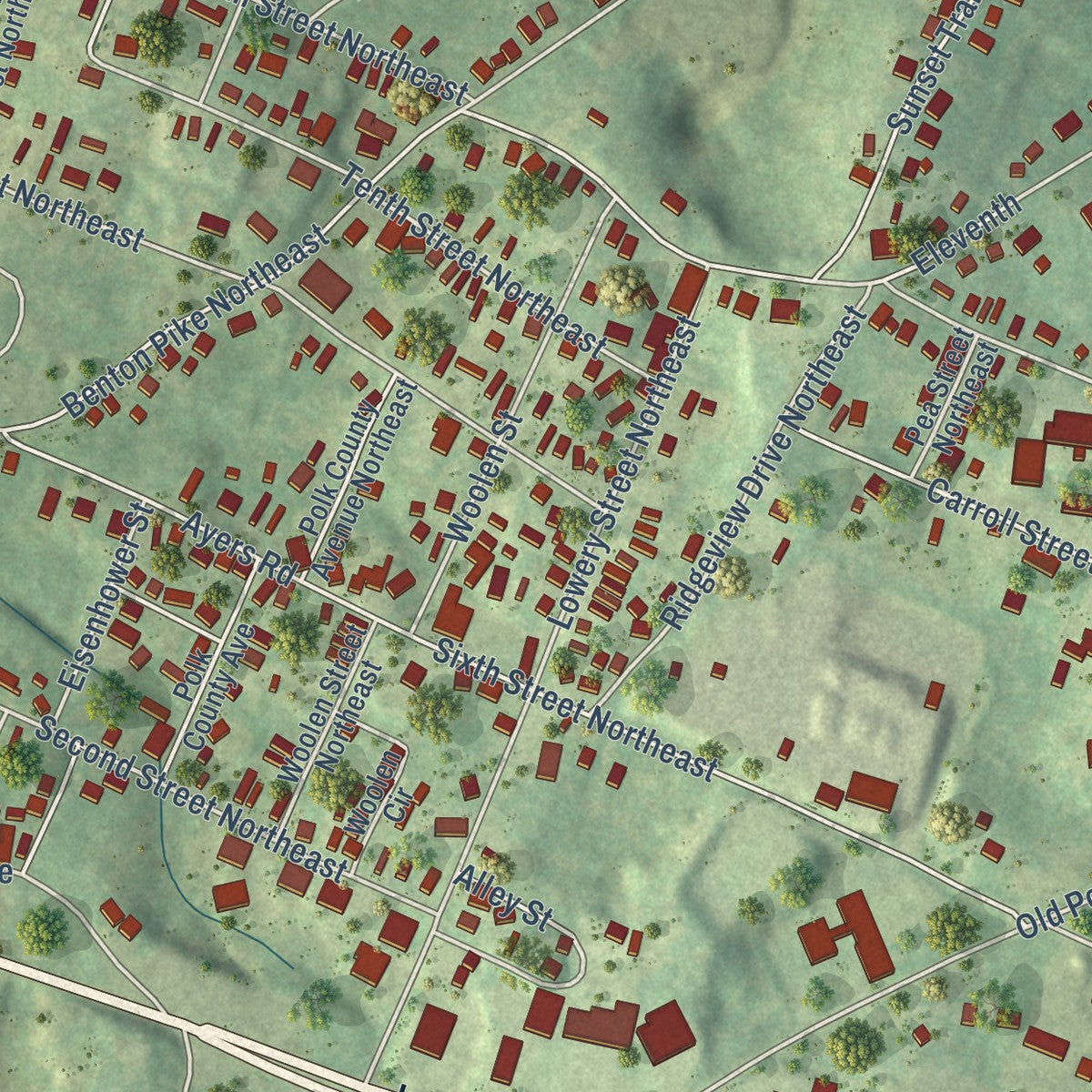 Close-up of the map of East Cleveland, Tennessee print showing street and building detail