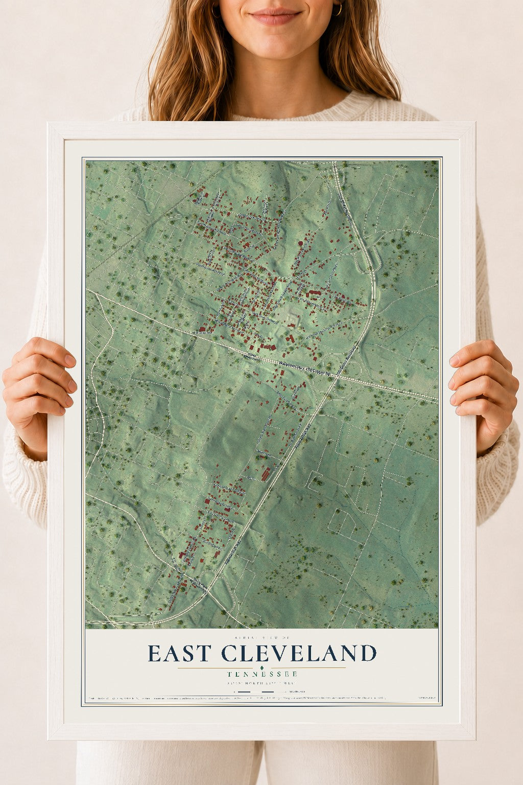Map of East Cleveland, Tennessee, 18 x 24 inch print in a white wood frame