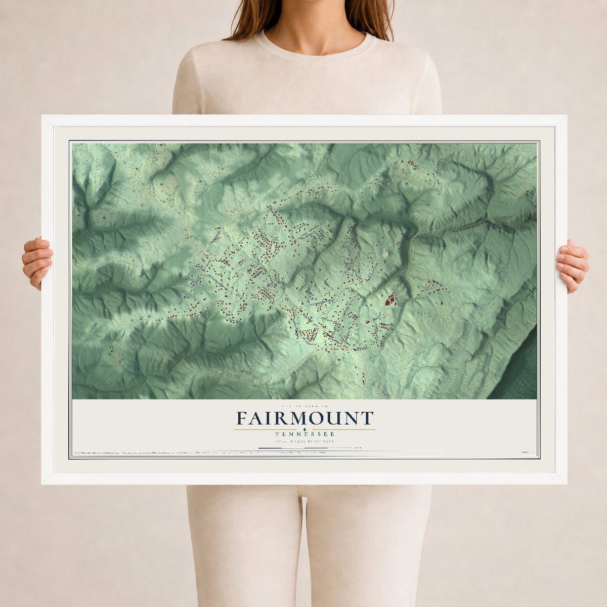 Map of Fairmount, Tennessee, 24 x 36 inch print in a white wood frame